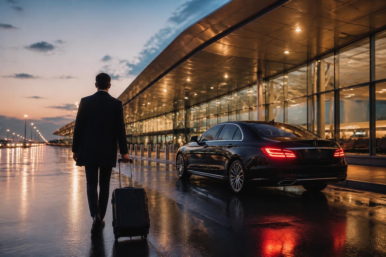 Traveller with luggage walking to a waiting private car outside an airport terminal